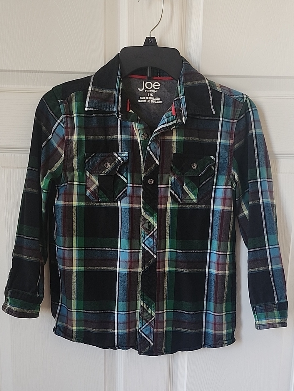 Joe Fresh Black, Green & Blue Plaid Button-Down Long Sleeve Shirt - Boys Large